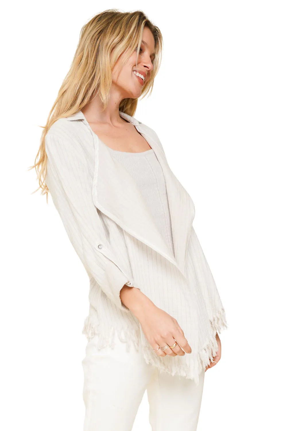 100% Cotton Striped Fly Away Fringe Cardigan - Ivory
