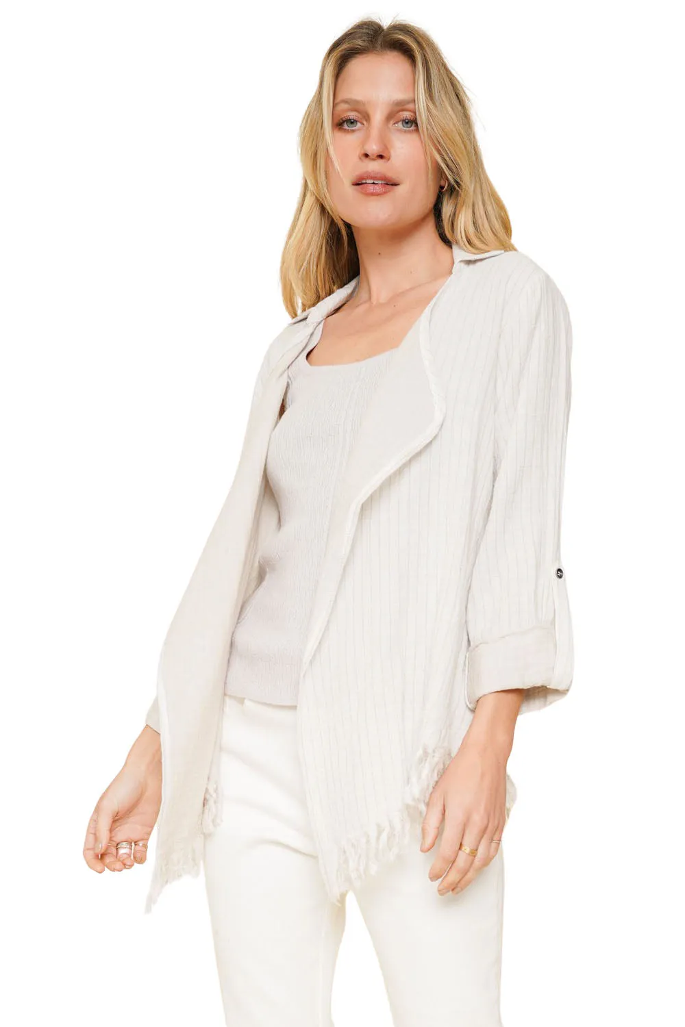 100% Cotton Striped Fly Away Fringe Cardigan - Ivory