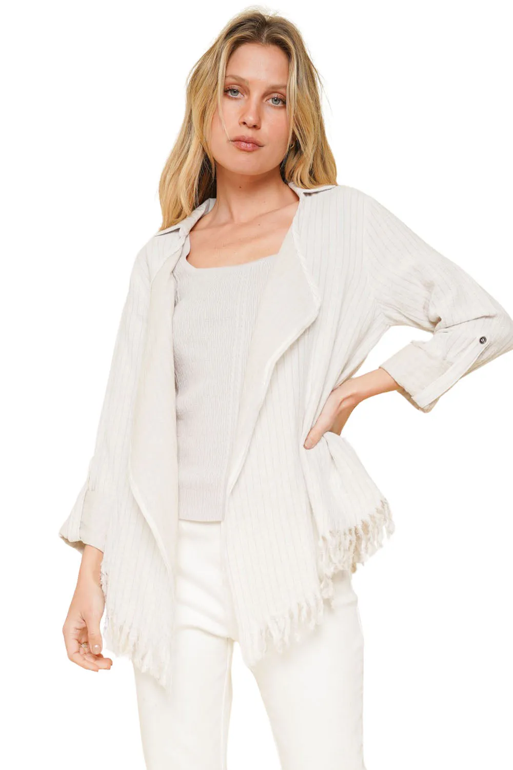 100% Cotton Striped Fly Away Fringe Cardigan - Ivory