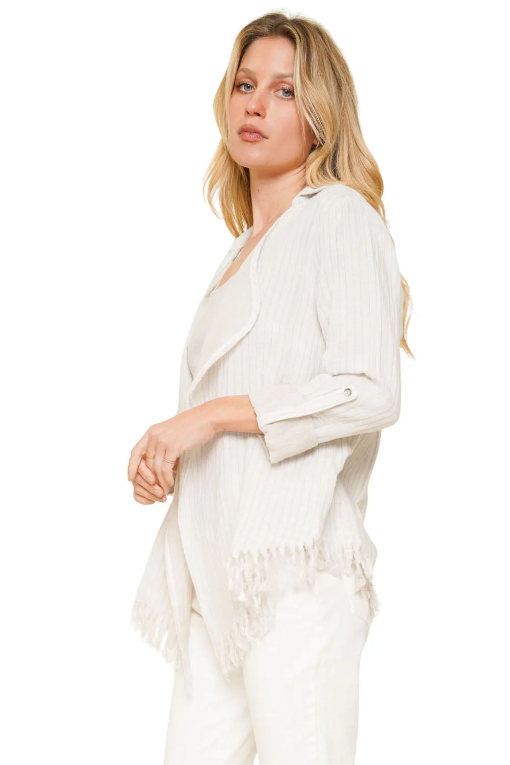 100% Cotton Striped Fly Away Fringe Cardigan - Ivory