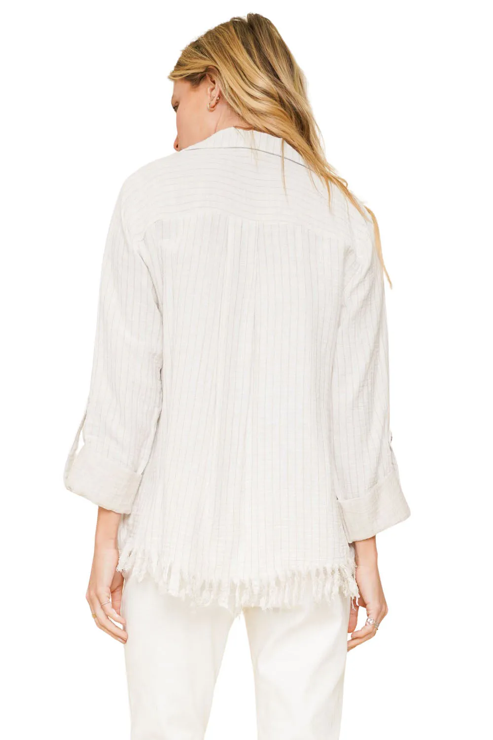 100% Cotton Striped Fly Away Fringe Cardigan - Ivory