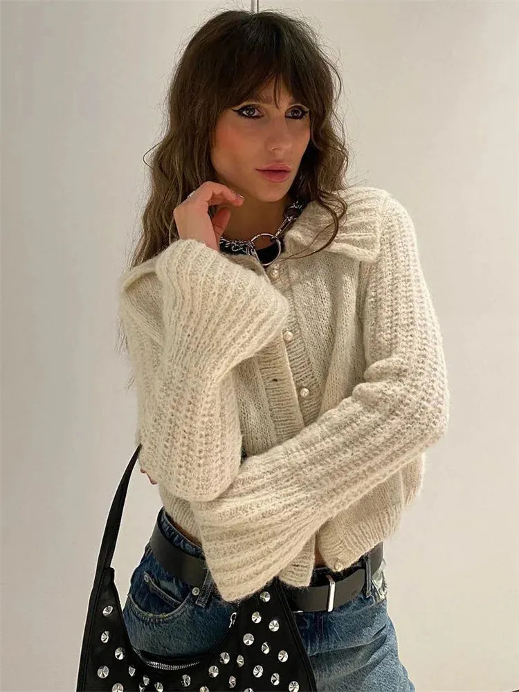 Advbridge Women's Autumn Sweater Cardigan Casual Long Sleeve Pleated High Waist Loose Cropped Coat Female Y2k Top Solid Cardigan