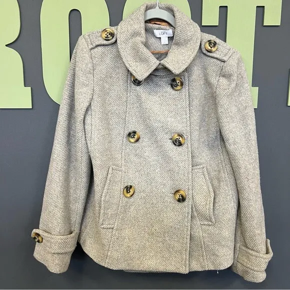 Ann Taylor LOFT Light Tan   Gray Double Breasted Wool Blend Peacoat Medium