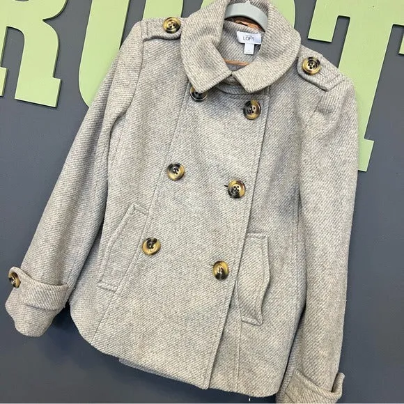 Ann Taylor LOFT Light Tan   Gray Double Breasted Wool Blend Peacoat Medium