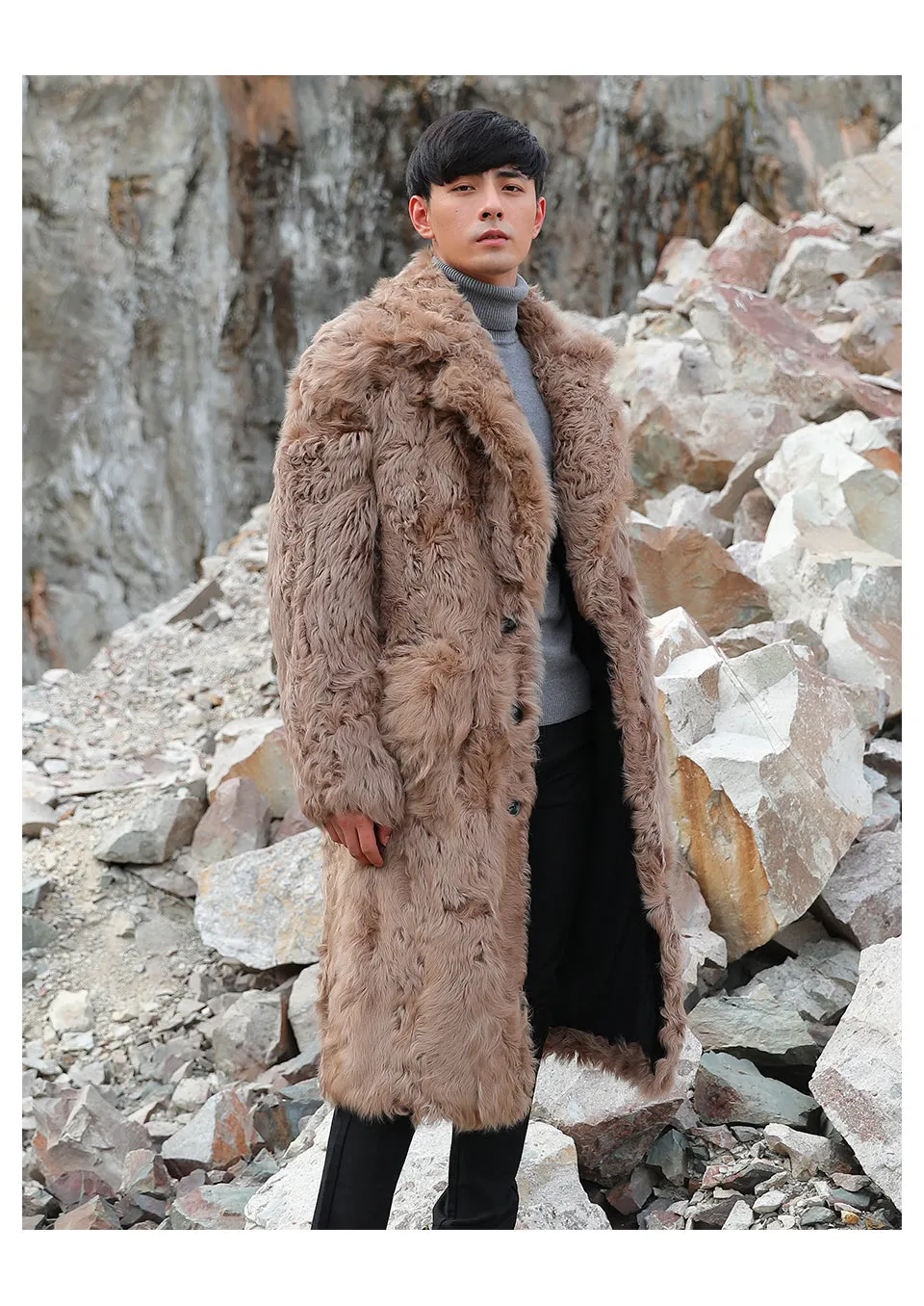 Brown Real Sheep Fur Turn-down Collar Coats