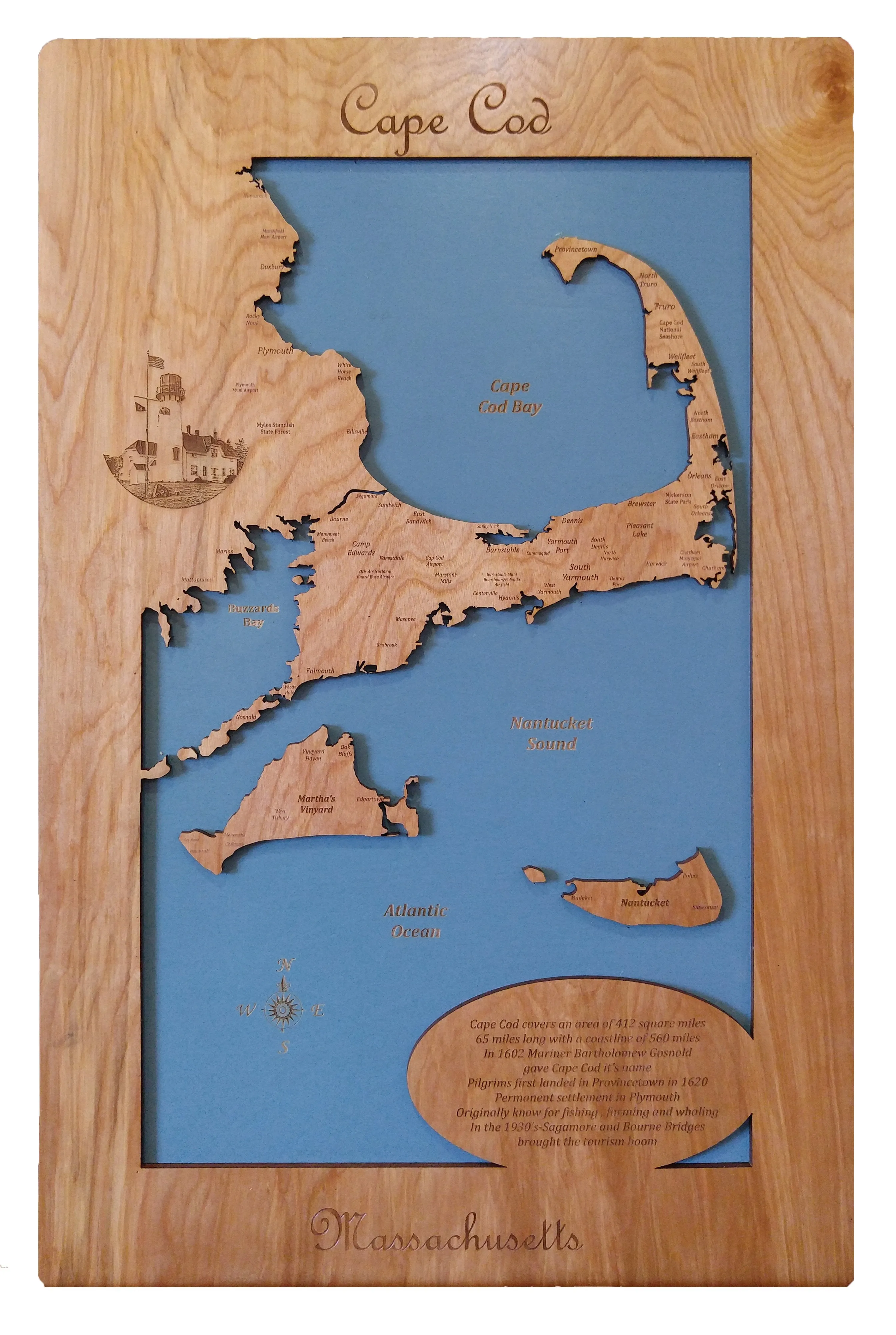 Cape Cod, Massachusetts - laser cut wood map