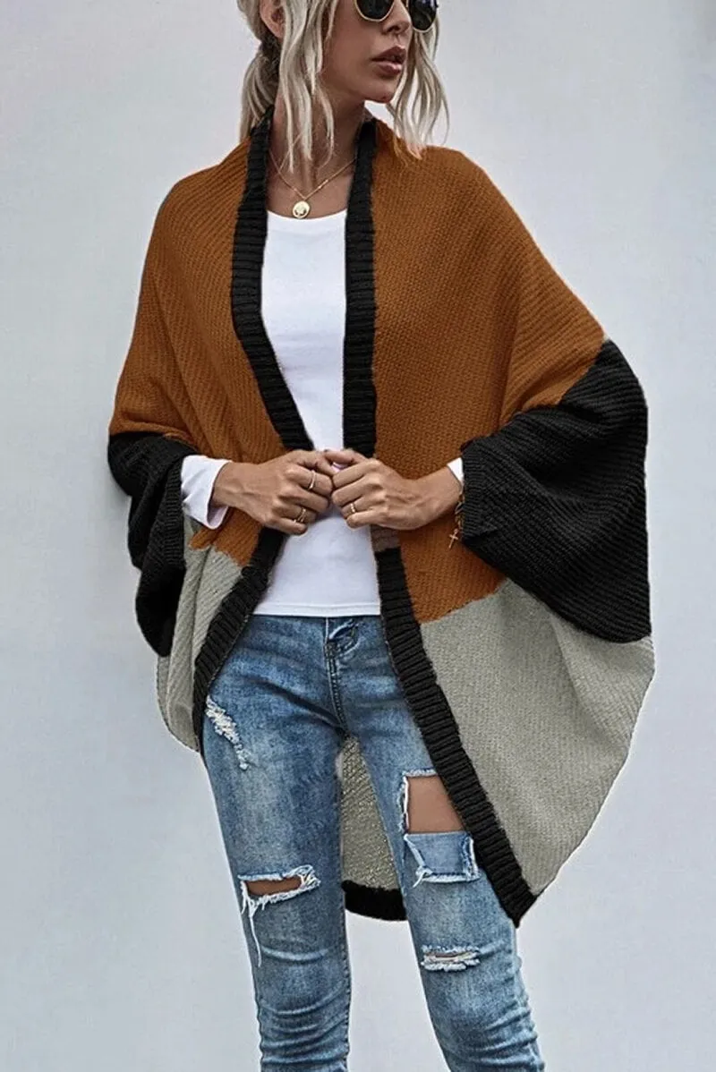 Cardigan Boho Manga Ampla Bloco de Cor