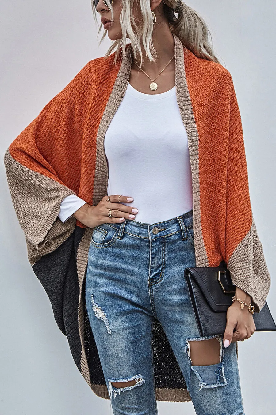 Cardigan Boho Manga Ampla Bloco de Cor