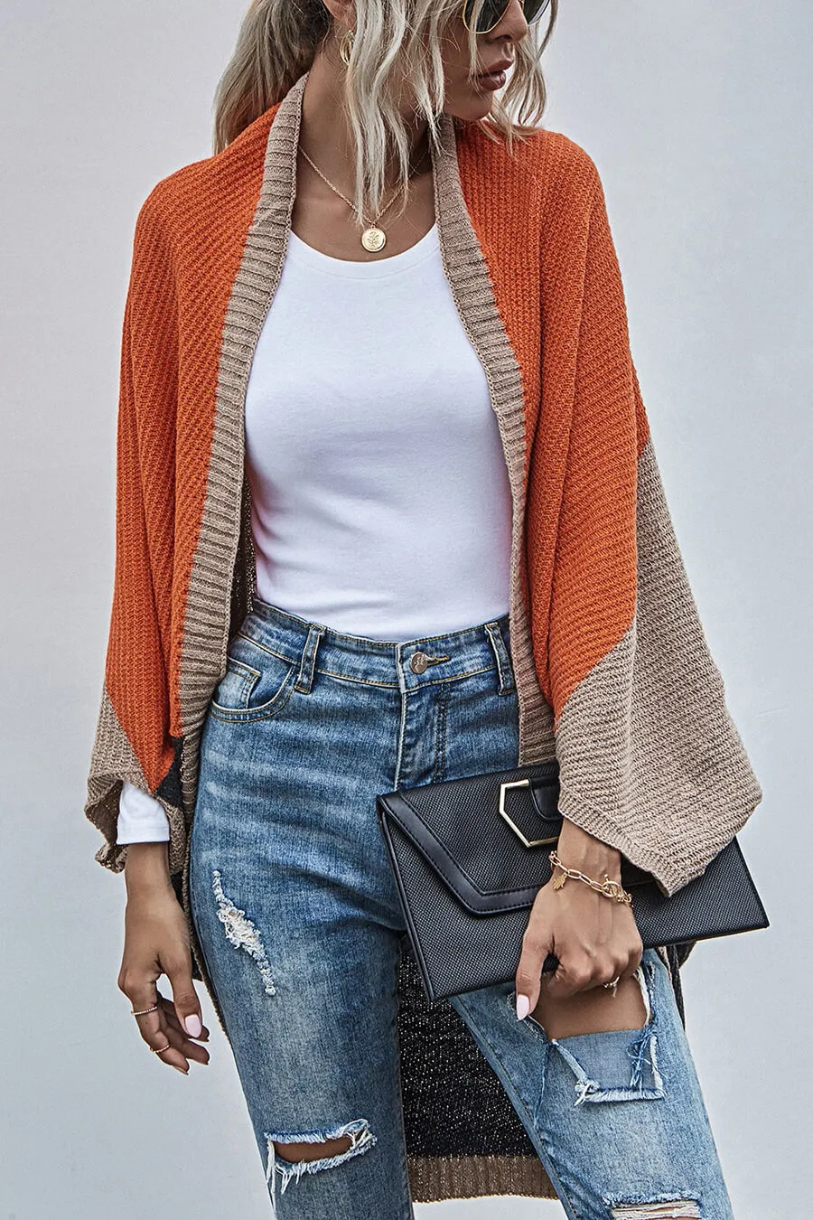 Cardigan Boho Manga Ampla Bloco de Cor