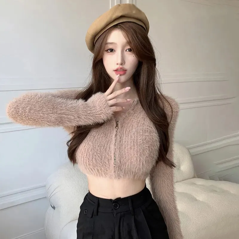 Coat Women's Sweater Top Knitted Cardigan Plush Off Shoulder Short Style Gentleness Mink Solid Color Zipper Design