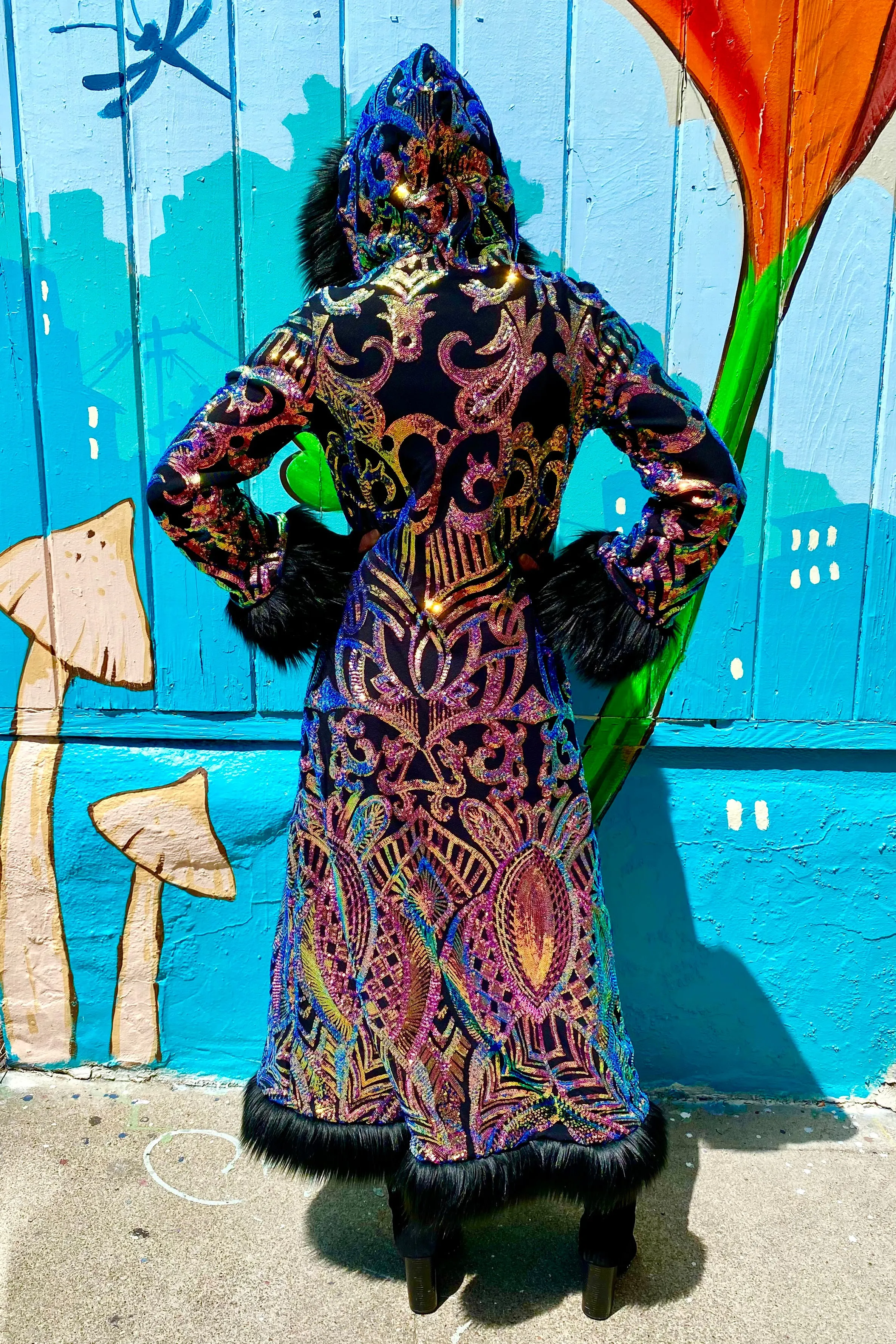Deluxe Tamo Coat: Multi Color Nouveau Sequin   Black Faux Fur Trim