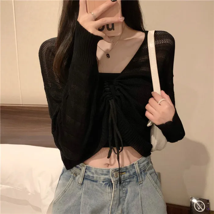 DUNNMALL Pink Reverse Hollow Drawstring Knitted Sun-Proof Cardigan Women's Summer Thin Small Sling Outerwear Cover-up
