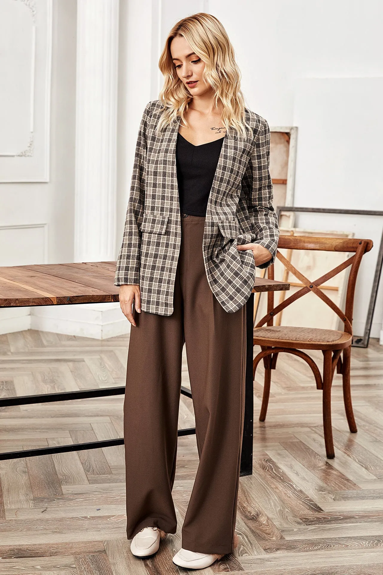 Female Fall and Winter Plaid Khaki Cardigan Blazer Jacket