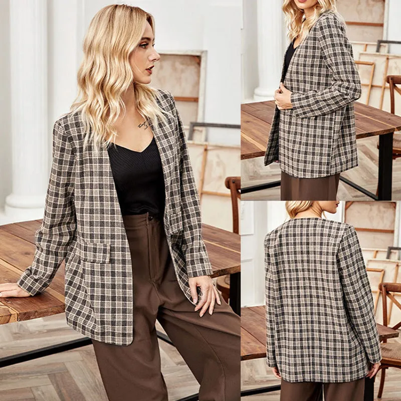 Female Fall and Winter Plaid Khaki Cardigan Blazer Jacket