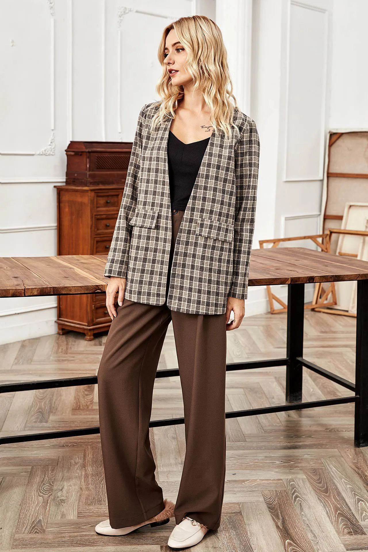 Female Fall and Winter Plaid Khaki Cardigan Blazer Jacket