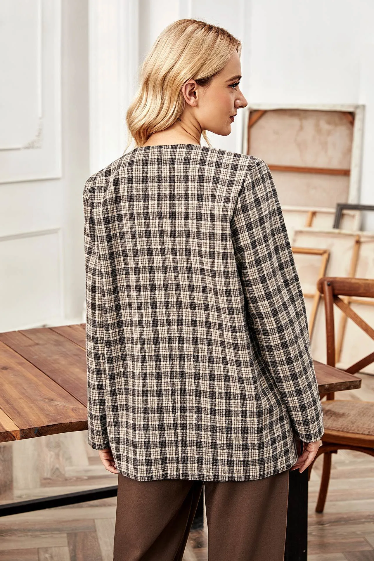 Female Fall and Winter Plaid Khaki Cardigan Blazer Jacket