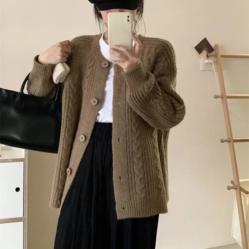 Girlary Autumn Twist Cardigan Women Vintage Casual Knitted Cardigan Fashion Long Sleeve Single Breasted Sweater Coat