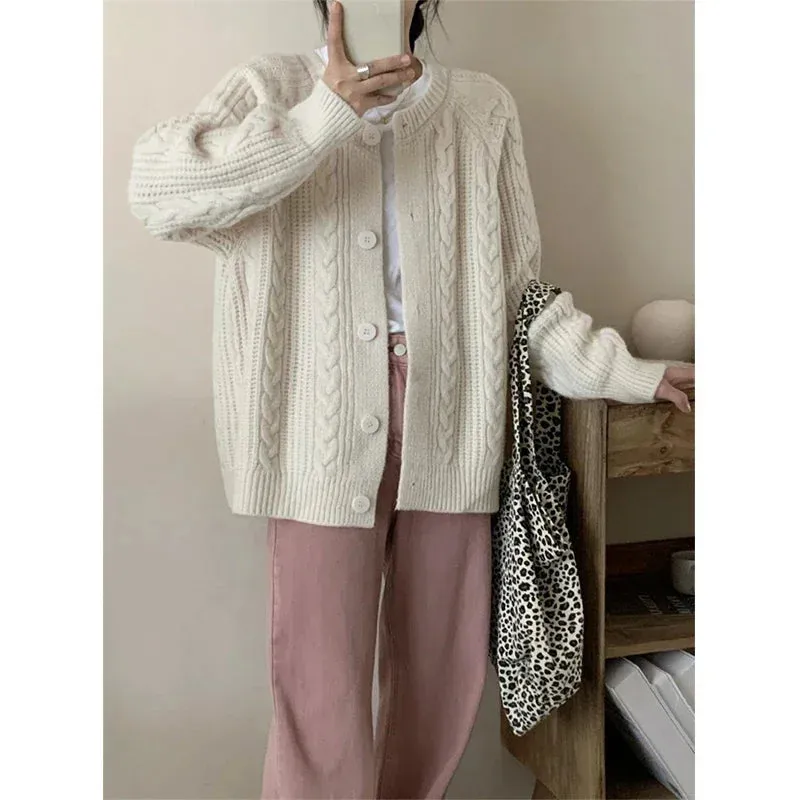 Girlary Autumn Twist Cardigan Women Vintage Casual Knitted Cardigan Fashion Long Sleeve Single Breasted Sweater Coat