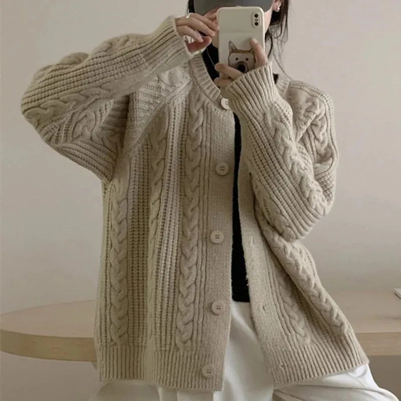 Girlary Autumn Twist Cardigan Women Vintage Casual Knitted Cardigan Fashion Long Sleeve Single Breasted Sweater Coat