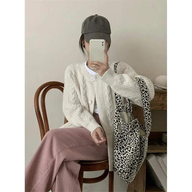 Girlary Autumn Twist Cardigan Women Vintage Casual Knitted Cardigan Fashion Long Sleeve Single Breasted Sweater Coat