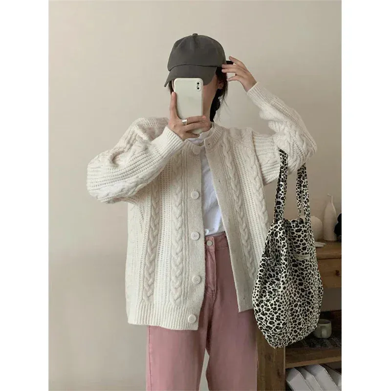 Girlary Autumn Twist Cardigan Women Vintage Casual Knitted Cardigan Fashion Long Sleeve Single Breasted Sweater Coat