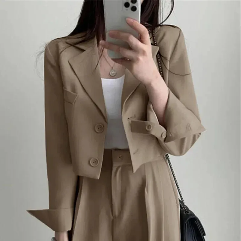 Girlary Two Piece Sets Women Outifits Fall Office Lady Pants Korean Blazer Suits Long Sleeve Fashion Coat Black High Waisted Pants