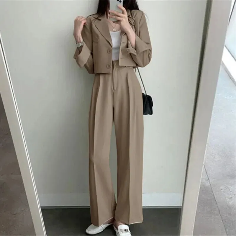 Girlary Two Piece Sets Women Outifits Fall Office Lady Pants Korean Blazer Suits Long Sleeve Fashion Coat Black High Waisted Pants