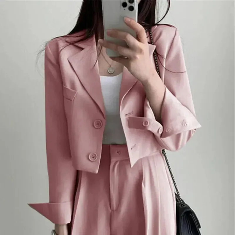 Girlary Two Piece Sets Women Outifits Fall Office Lady Pants Korean Blazer Suits Long Sleeve Fashion Coat Black High Waisted Pants