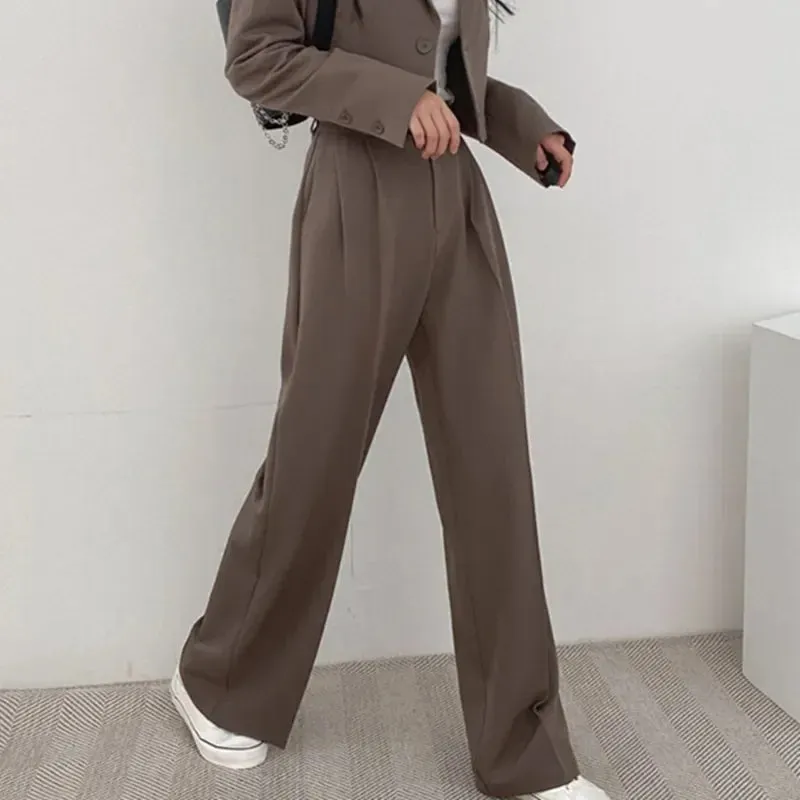 Girlary Two Piece Sets Women Outifits Fall Office Lady Pants Korean Blazer Suits Long Sleeve Fashion Coat Black High Waisted Pants
