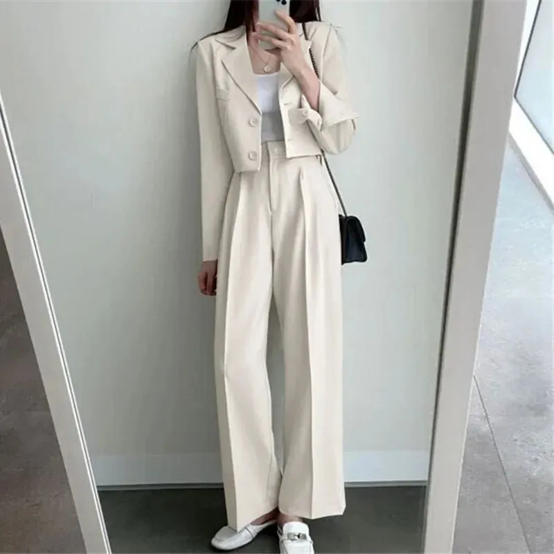 Girlary Two Piece Sets Women Outifits Fall Office Lady Pants Korean Blazer Suits Long Sleeve Fashion Coat Black High Waisted Pants