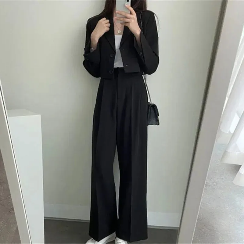 Girlary Two Piece Sets Women Outifits Fall Office Lady Pants Korean Blazer Suits Long Sleeve Fashion Coat Black High Waisted Pants