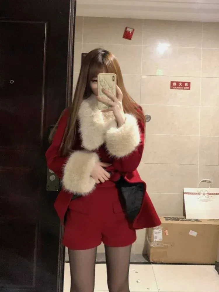 Girlary Winter Red Warm Christmas Two Piece Set Women Korean Fashion Sweet Skirt Suit Female Long Sleeve Vintage New Year Set 2024 New