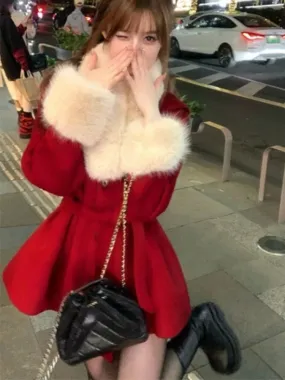 Girlary Winter Red Warm Christmas Two Piece Set Women Korean Fashion Sweet Skirt Suit Female Long Sleeve Vintage New Year Set 2024 New