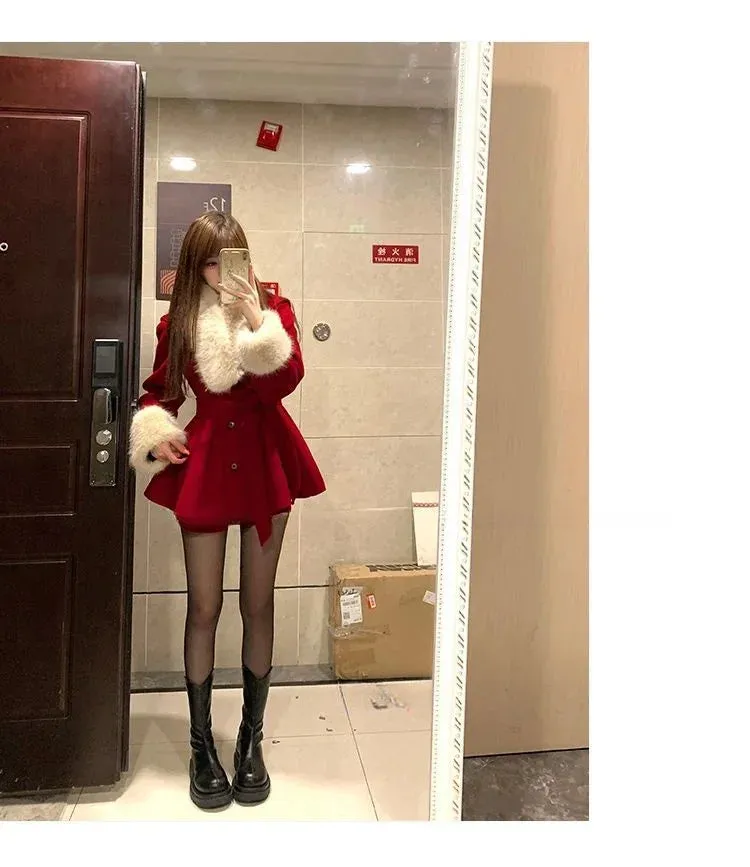 Girlary Winter Red Warm Christmas Two Piece Set Women Korean Fashion Sweet Skirt Suit Female Long Sleeve Vintage New Year Set 2024 New