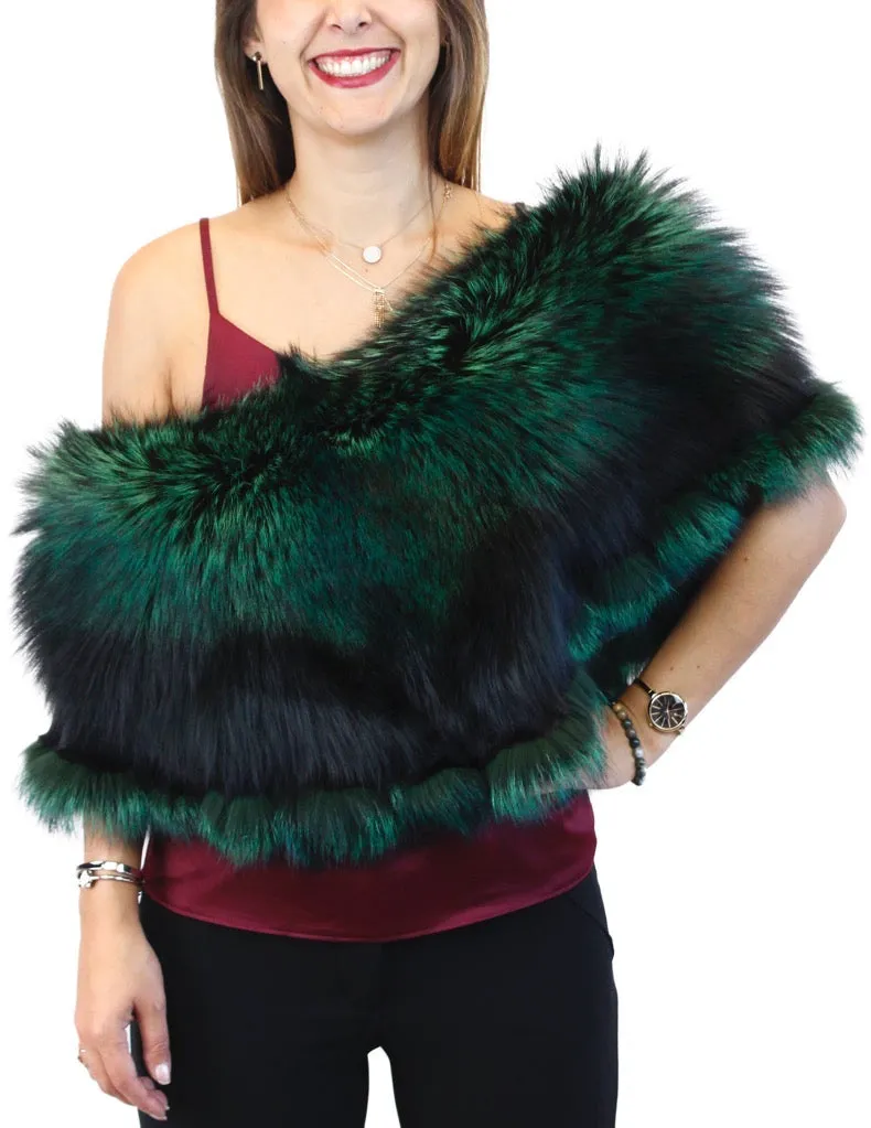 GREEN & BLACK DYED SILVER FOX FUR COLLAR/SHAWL/WRAP