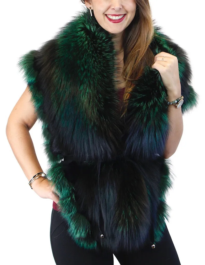 GREEN & BLACK DYED SILVER FOX FUR COLLAR/SHAWL/WRAP