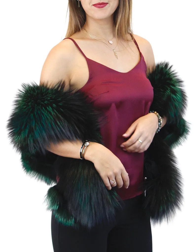 GREEN & BLACK DYED SILVER FOX FUR COLLAR/SHAWL/WRAP