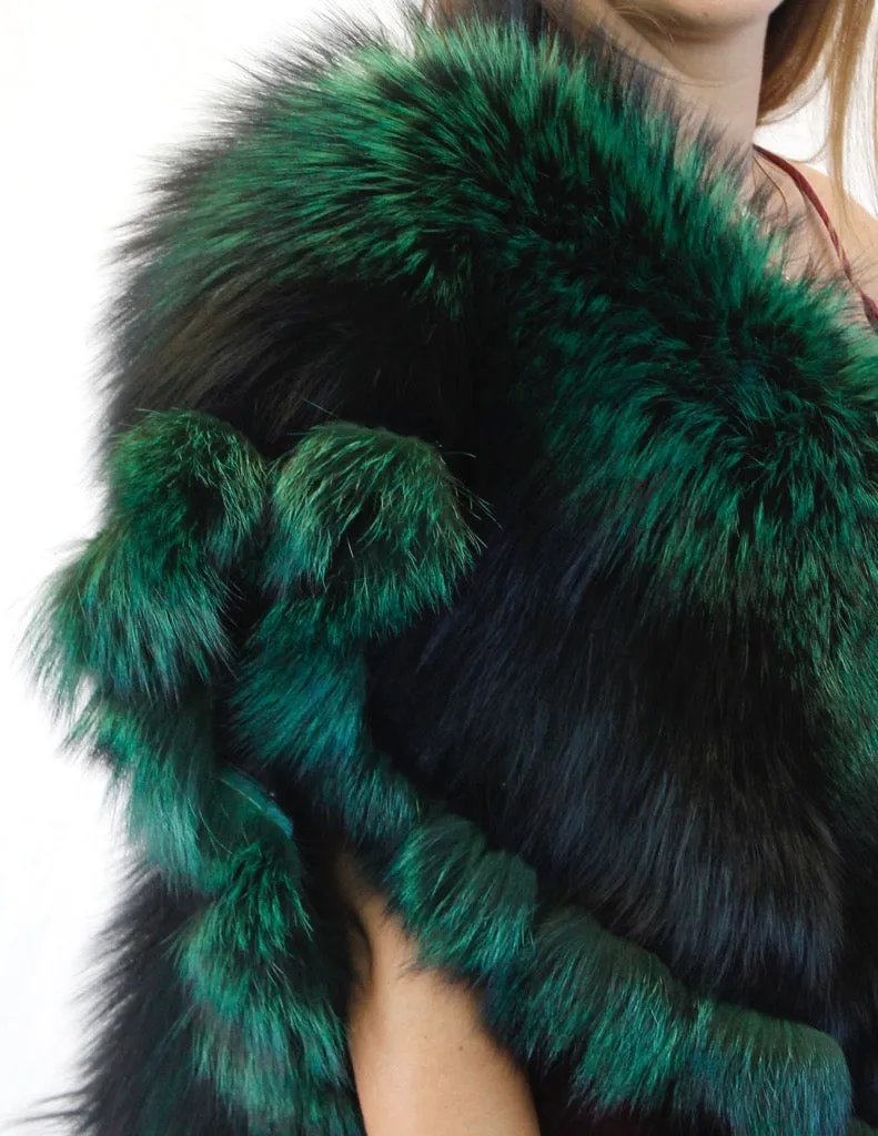 GREEN & BLACK DYED SILVER FOX FUR COLLAR/SHAWL/WRAP