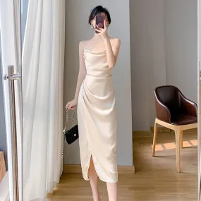 Hnzxzm 2024 Spring And Summer New Fashion Style Satin Halter Dress Waist Slit Wrap Hip Skirt Sun Cardigan Skirt Women's Two-piece Set