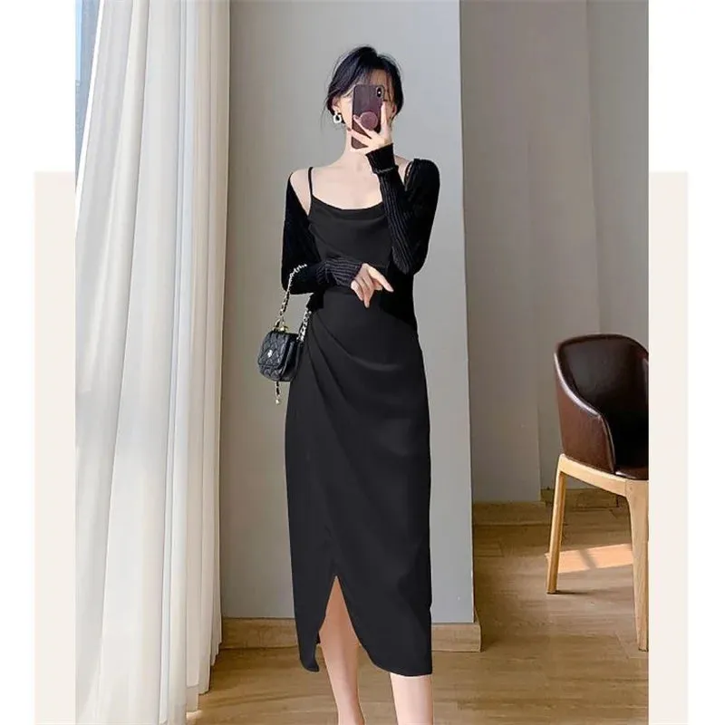 Hnzxzm 2024 Spring And Summer New Fashion Style Satin Halter Dress Waist Slit Wrap Hip Skirt Sun Cardigan Skirt Women's Two-piece Set