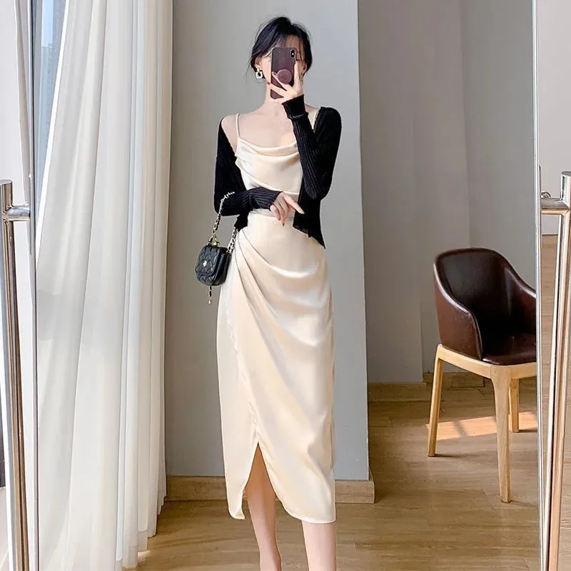 Hnzxzm 2024 Spring And Summer New Fashion Style Satin Halter Dress Waist Slit Wrap Hip Skirt Sun Cardigan Skirt Women's Two-piece Set