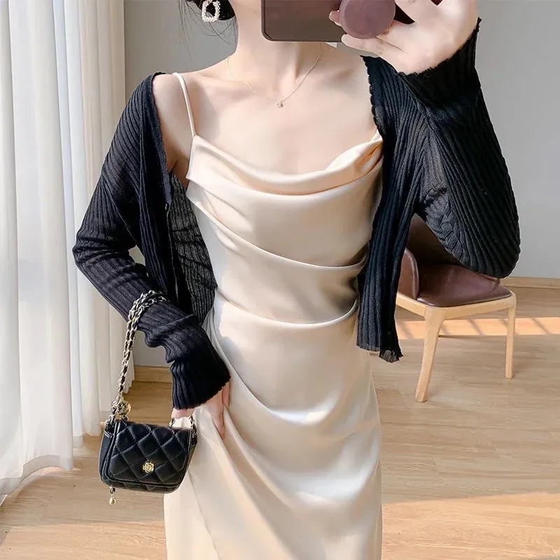 Hnzxzm 2024 Spring And Summer New Fashion Style Satin Halter Dress Waist Slit Wrap Hip Skirt Sun Cardigan Skirt Women's Two-piece Set