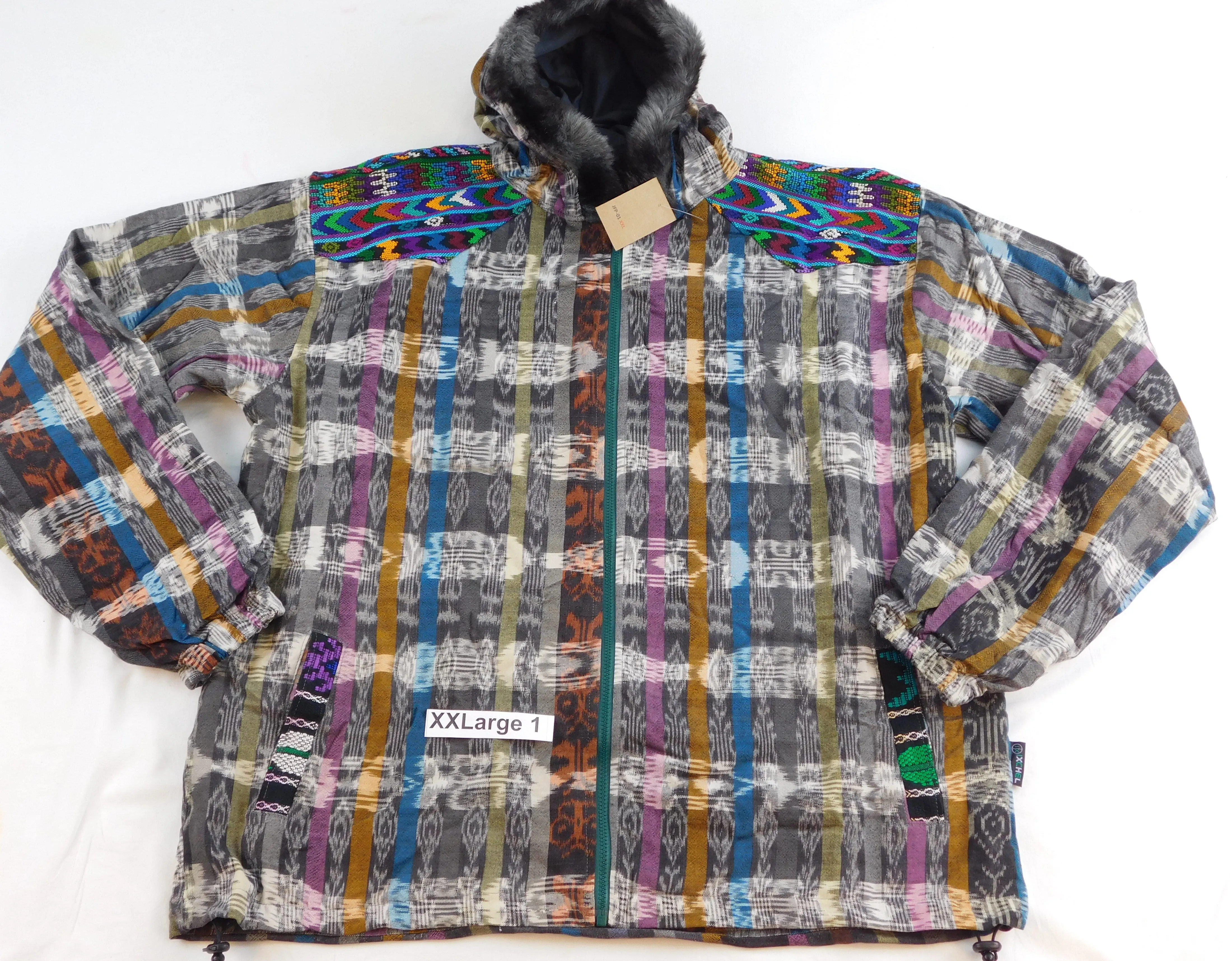 Hooded  jacket in native Ikat and brocade fleece lined with fur hood