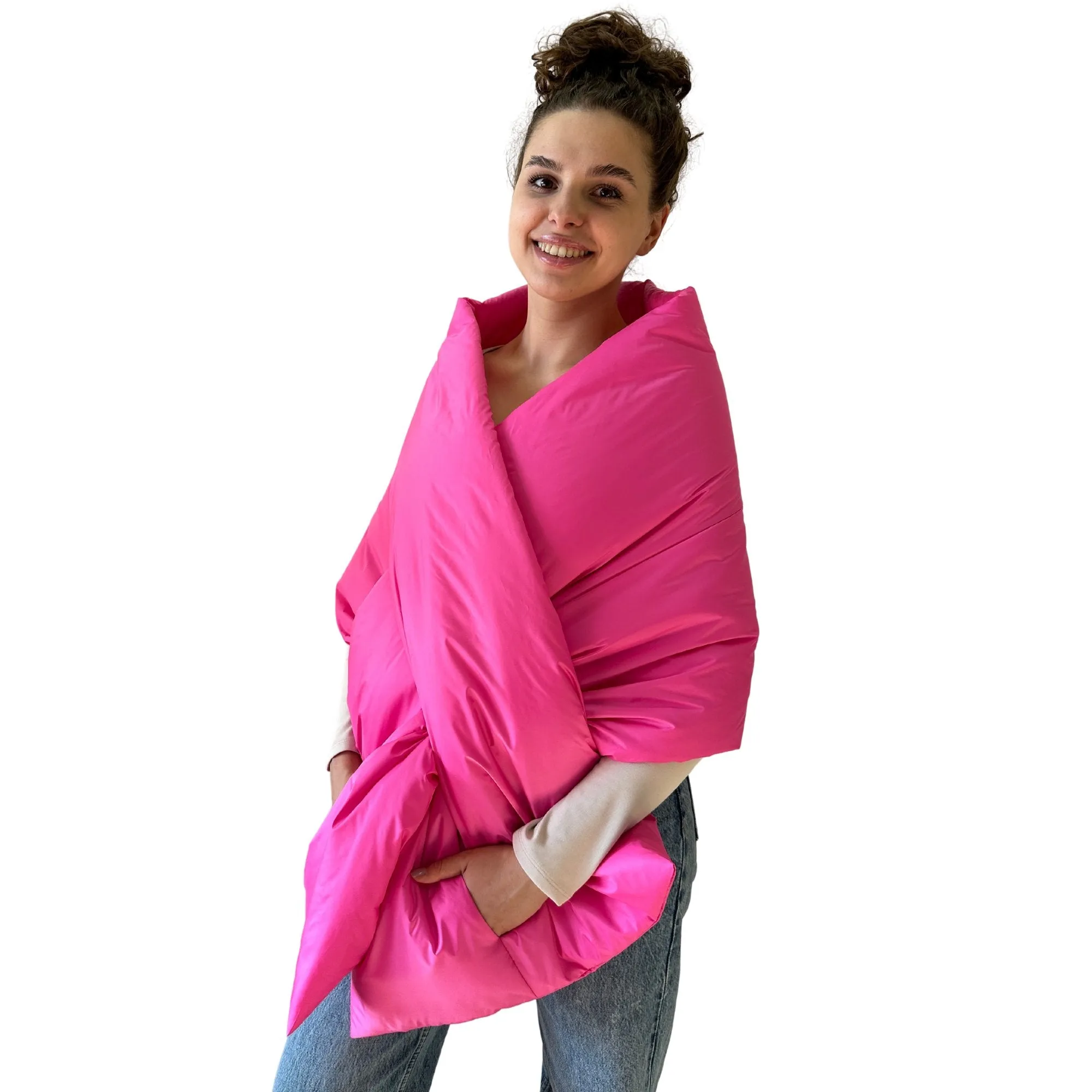 Hot Pink Long Cape Lagre Wide Scarf Puffer 20x80 inch with 2 pocket and Belt