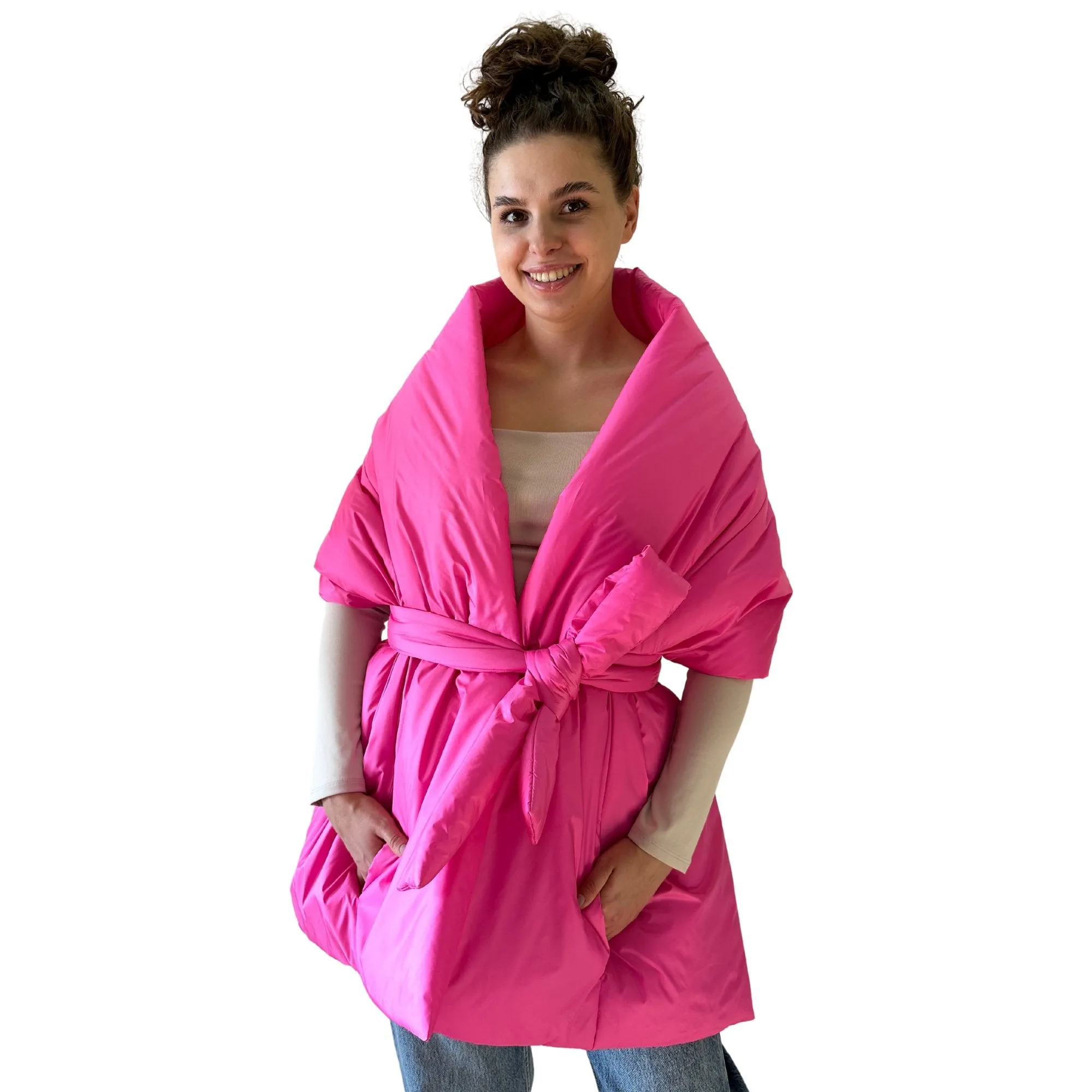 Hot Pink Long Cape Lagre Wide Scarf Puffer 20x80 inch with 2 pocket and Belt