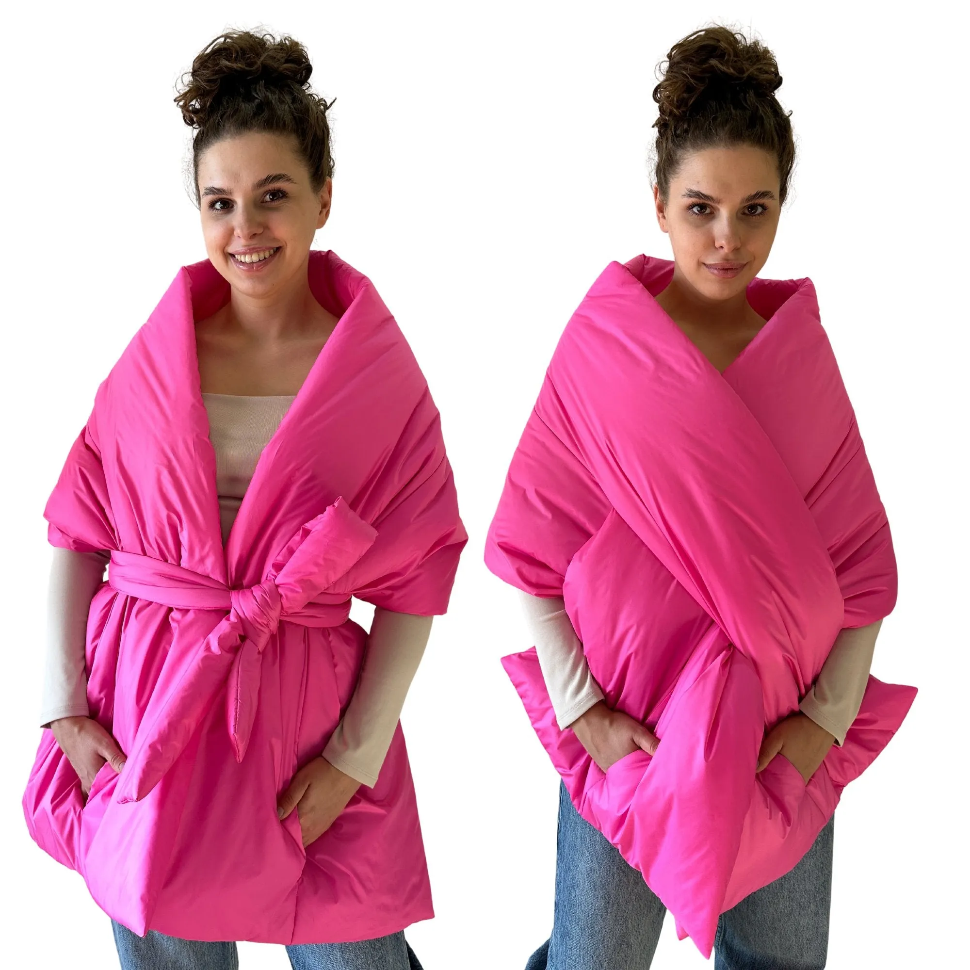 Hot Pink Long Cape Lagre Wide Scarf Puffer 20x80 inch with 2 pocket and Belt