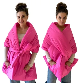 Hot Pink Long Cape Lagre Wide Scarf Puffer 20x80 inch with 2 pocket and Belt