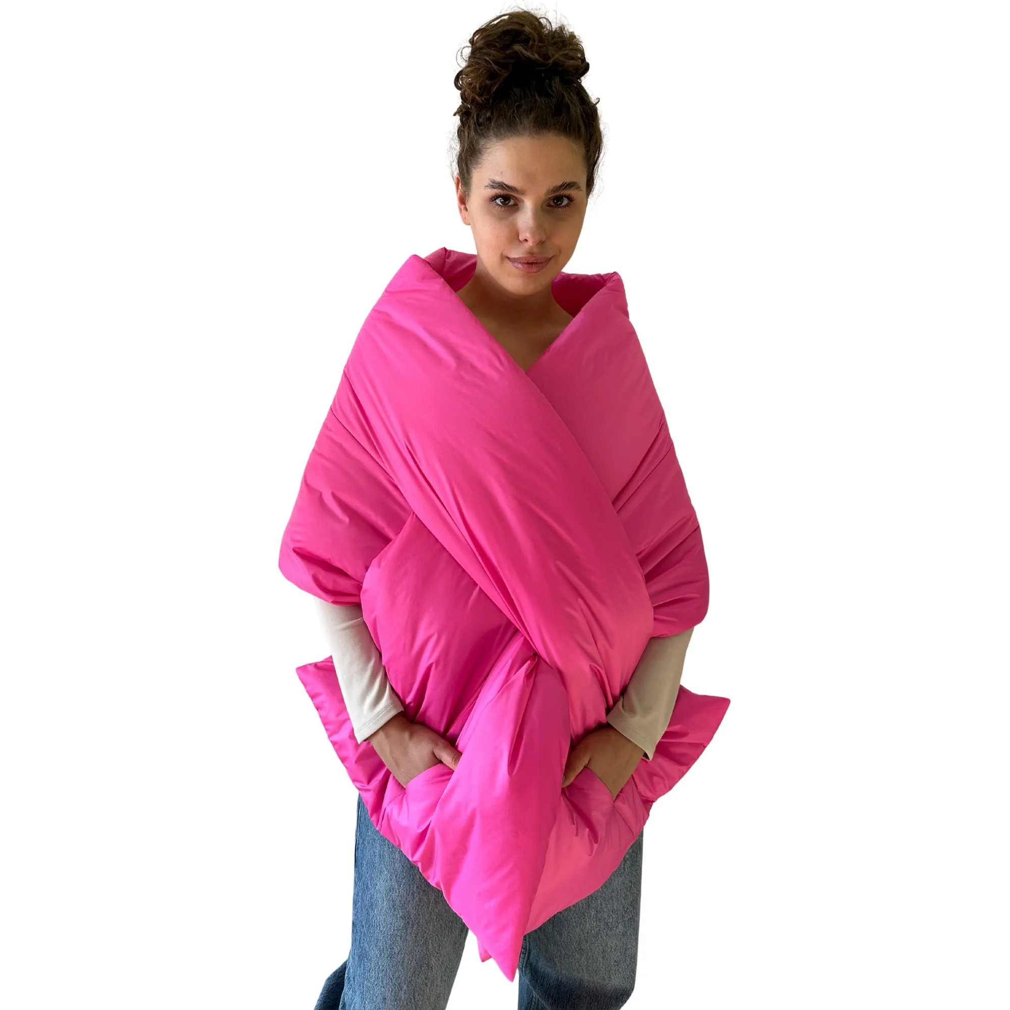 Hot Pink Long Cape Lagre Wide Scarf Puffer 20x80 inch with 2 pocket and Belt
