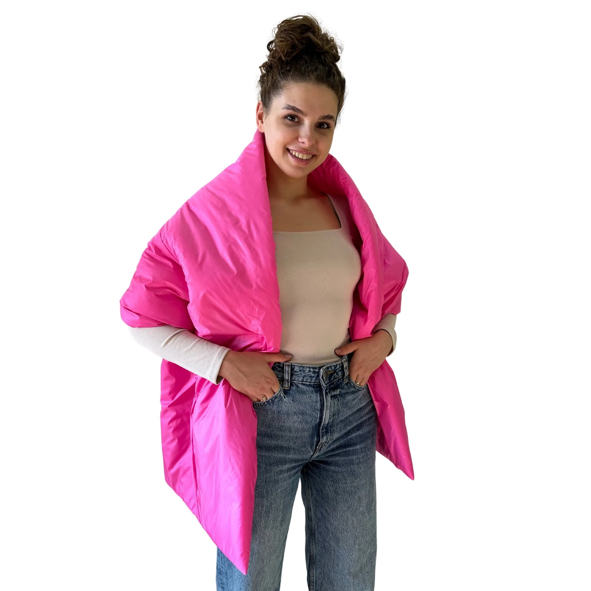 Hot Pink Long Cape Lagre Wide Scarf Puffer 20x80 inch with 2 pocket and Belt