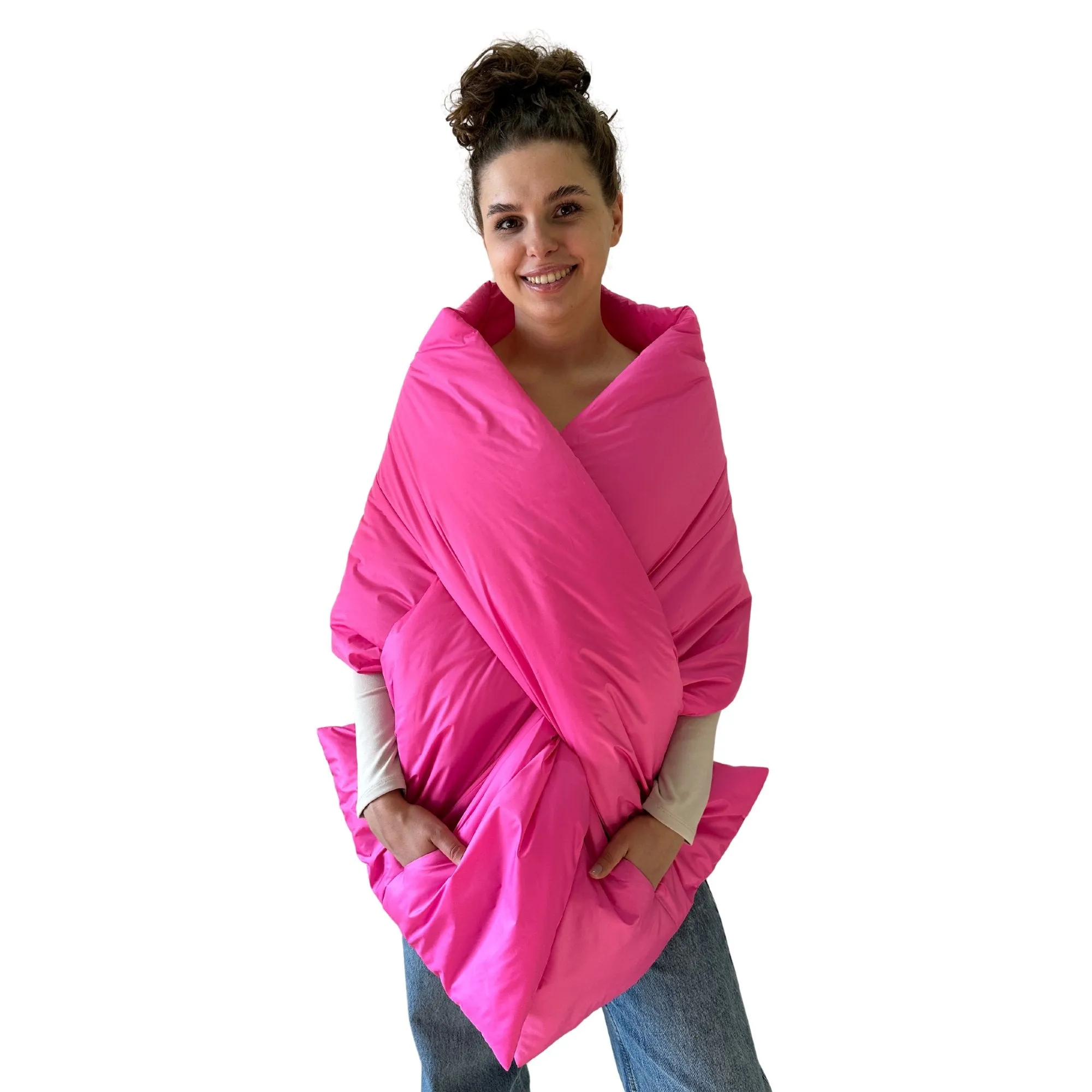 Hot Pink Long Cape Lagre Wide Scarf Puffer 20x80 inch with 2 pocket and Belt